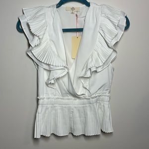 New entro Women’s White Ruffle, Accordion Pleated Flutter Sleeve Blouse Size M